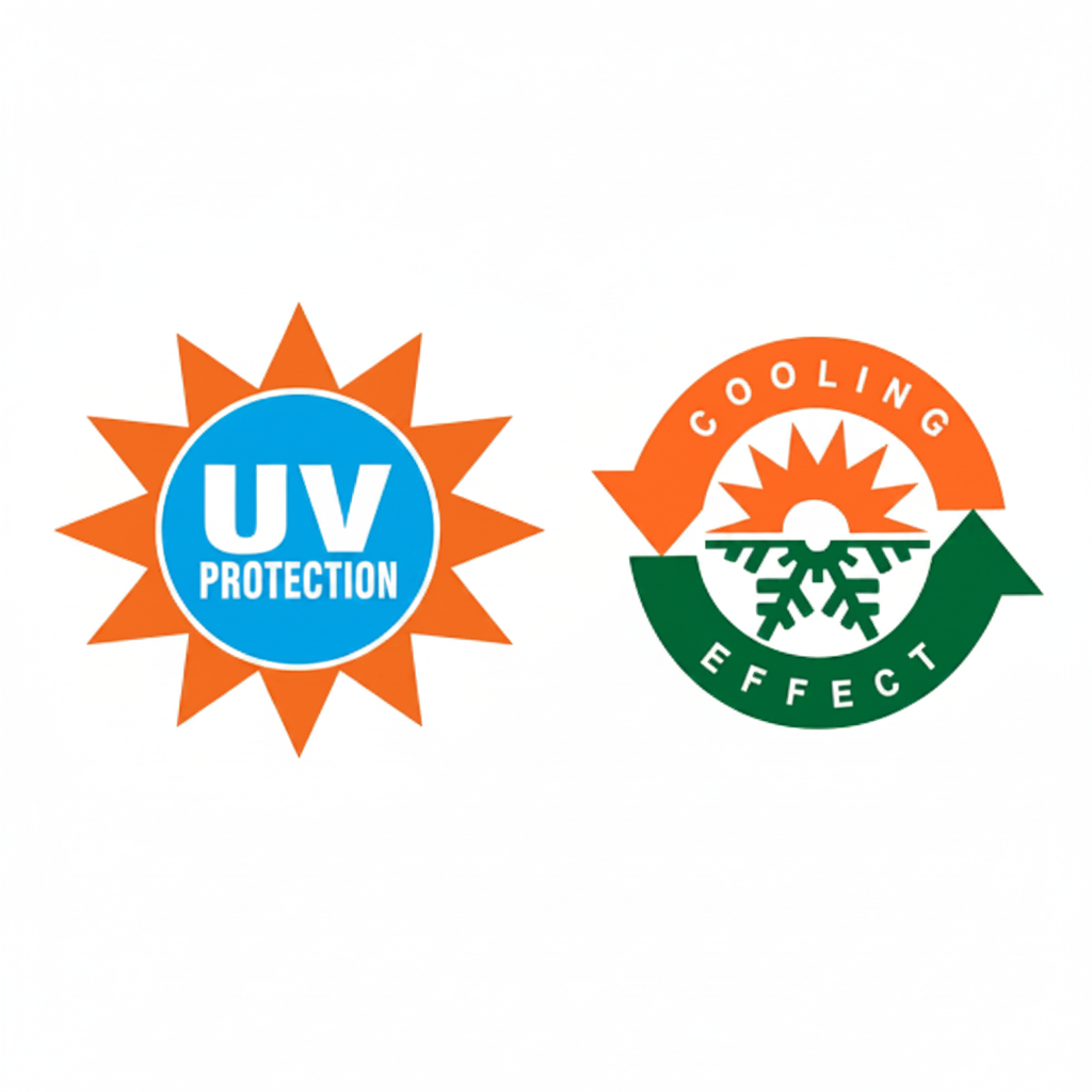 Two logos for UV protection and cooling effect on a white background