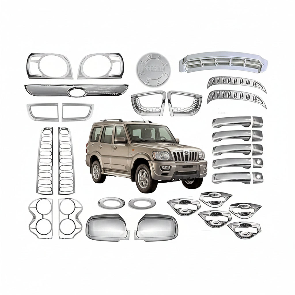 Collection of car chrome accessories with a white background
