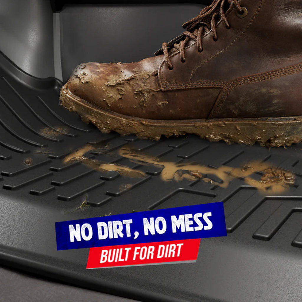 A muddy brown leather work boot rests on a black rubber car floor mat with mud splattered on it. A blue and red text overlay reads 'NO DIRT, NO MESS' and 'BUILT FOR DIRT'.