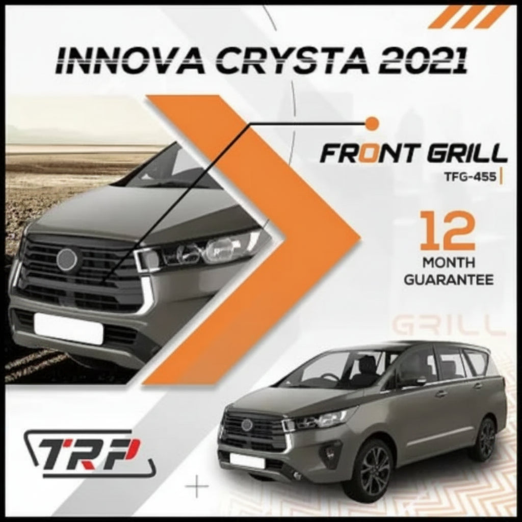 Promotional image of Toyota Innova Crysta 2021 with front grill details and TRP branding.