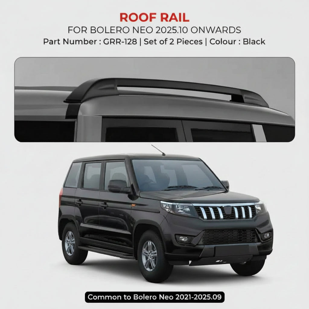 Roof rail for Mahindra Bolero Neo 2025.10 onwards with vehicle image on a light gray background