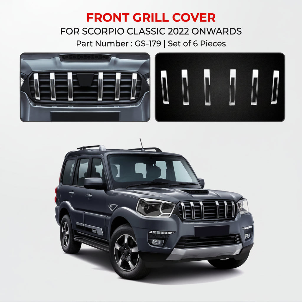 Front grill cover for Scorpio Classic 2022 onwards with product details on a white background