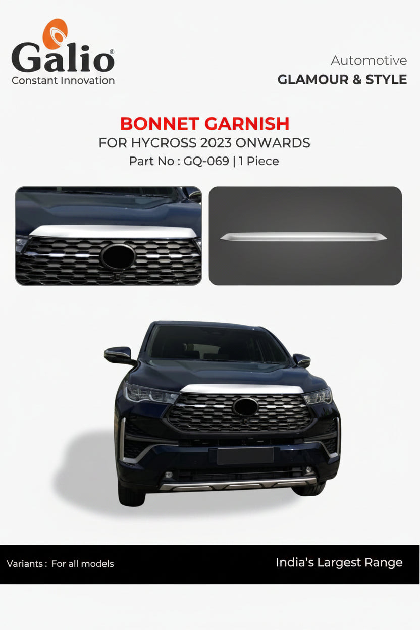 Advertisement for Galio bonnet garnish for Hycross 2023 onwards with product details and branding.