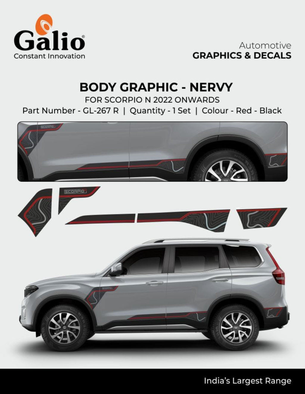 Car body graphic set for Scorpio N 2022 onwards by Galio Automotive on a white background.