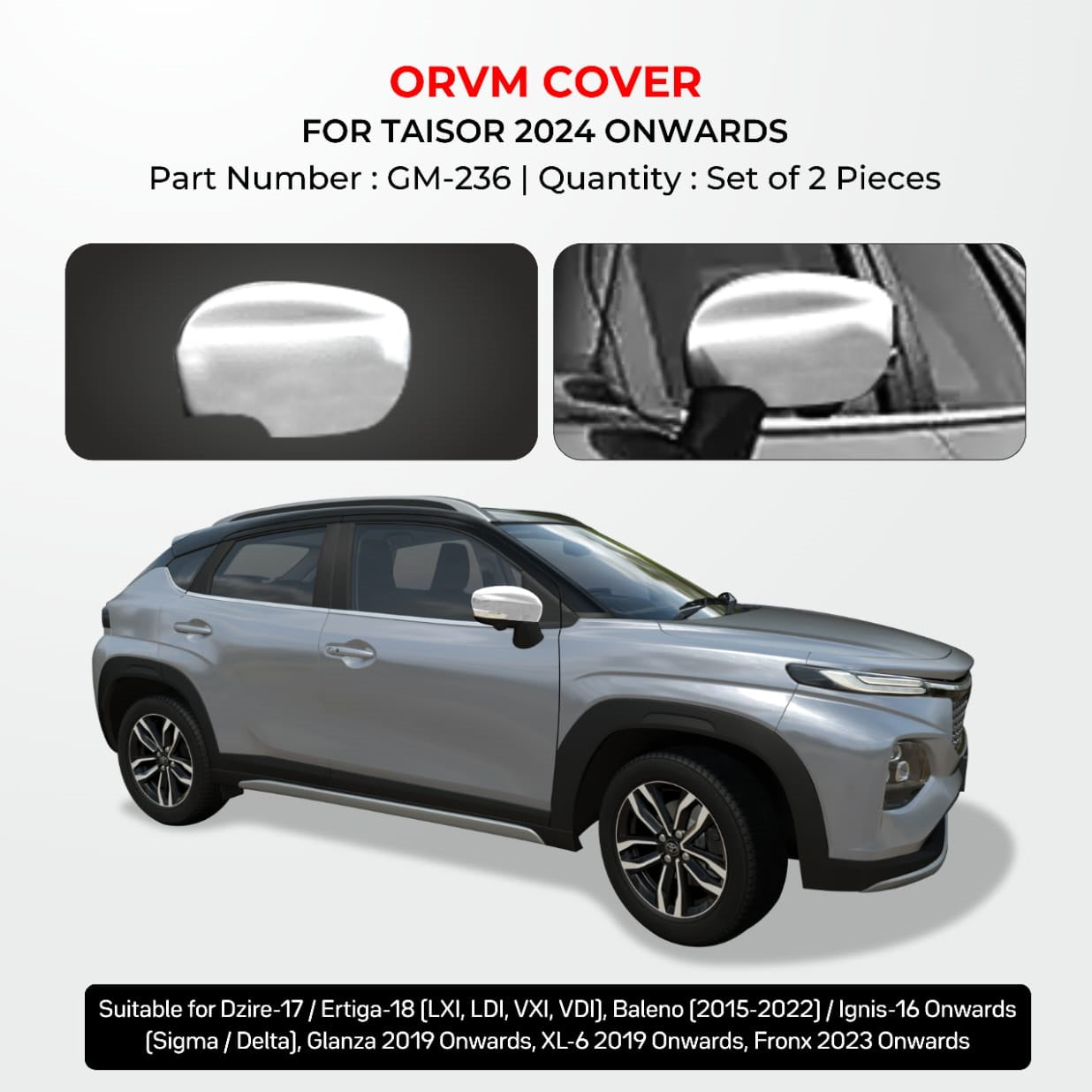 Chrome Finish ORVM Cover For Toyota Taisor - Model 2024 Onwards