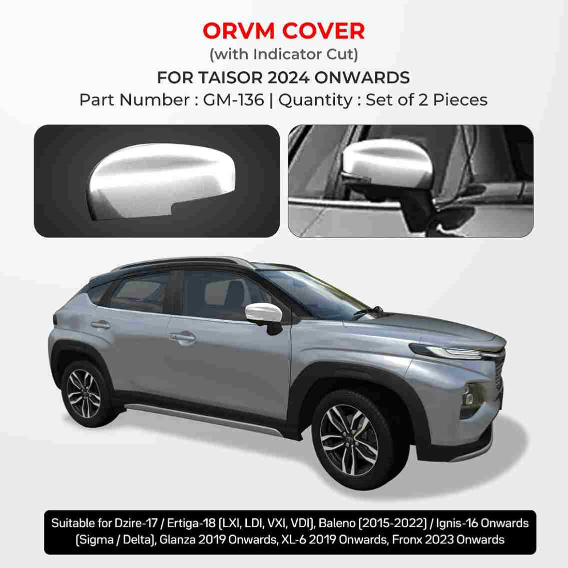 Chrome Finish ORVM Cover With Indicator Cut For Toyota Taisor - Model 2024 Onwards
