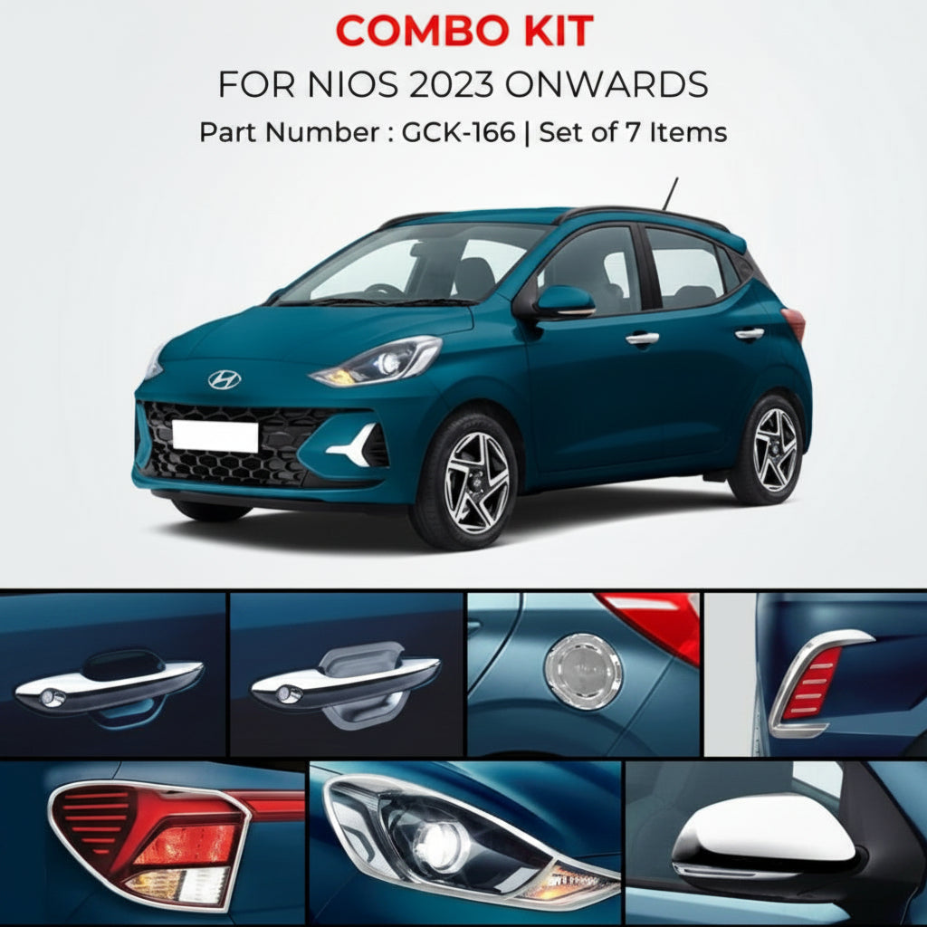 Premium Finish Chrome Combo Kit for i10 Grand Nios on a white background.