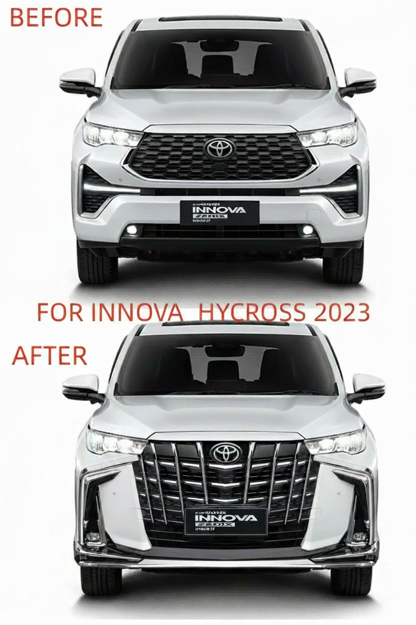 Comparison of Toyota Innova Hycross before and after changes on a white background.