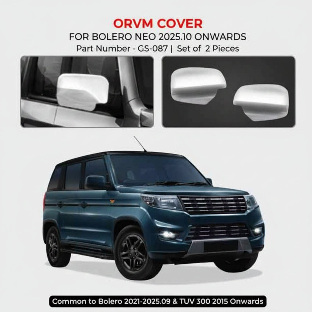 Advertisement for ORVM cover set for Mahindra Bolero and TUV 300 vehicles, showing car and mirror covers.