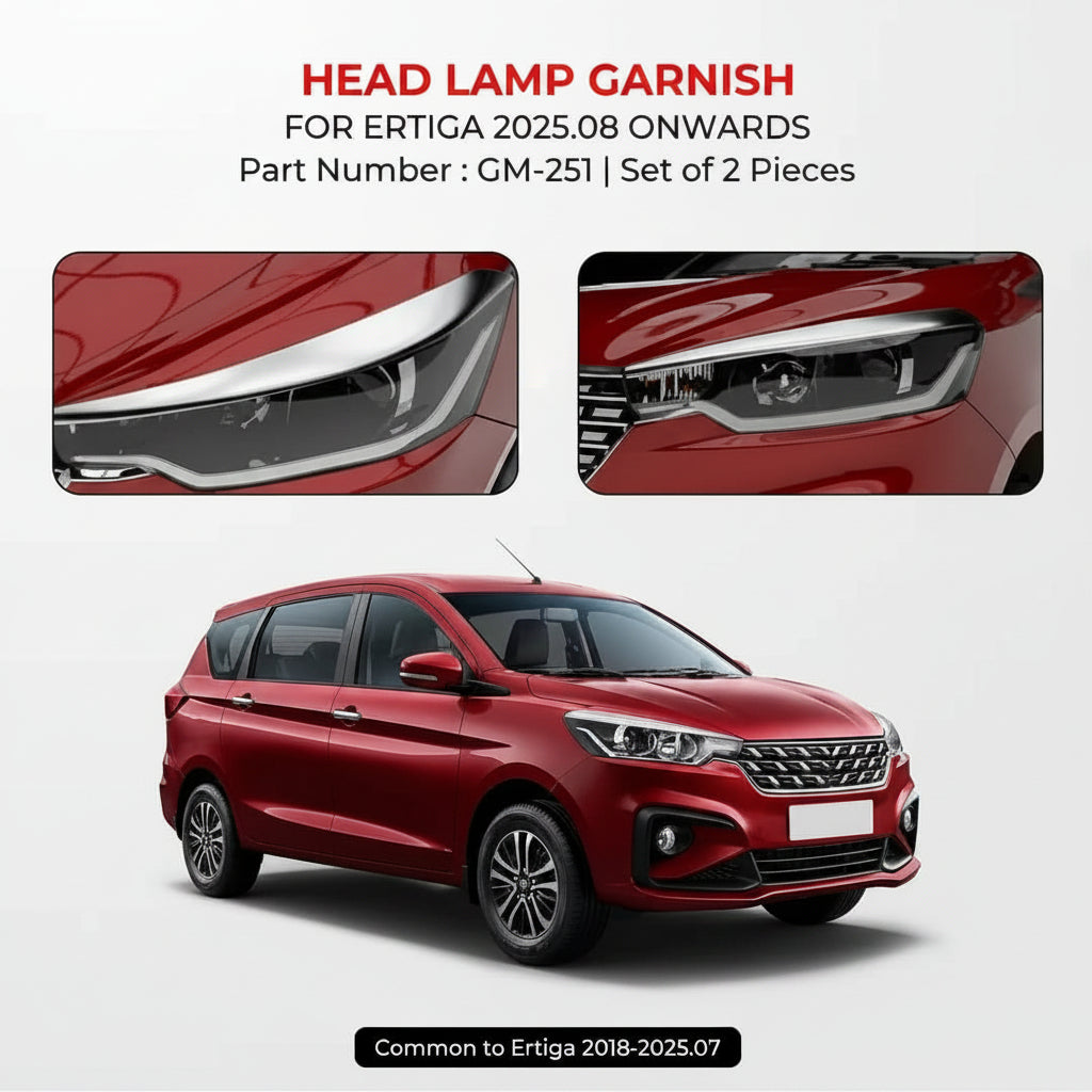 Advertisement for headlamp garnish set for Maruti Ertiga with car image and product details.