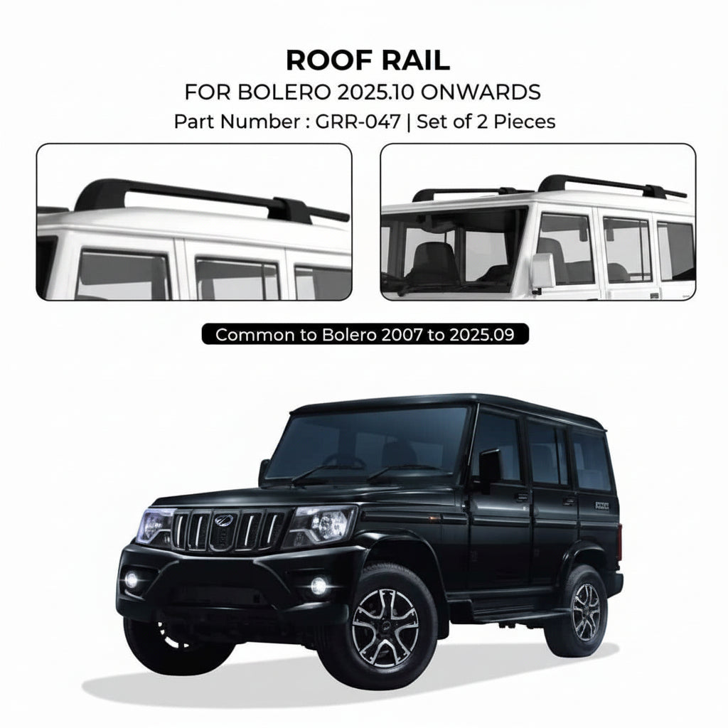 Roof rail for Mahindra Bolero vehicles with product details on a white background