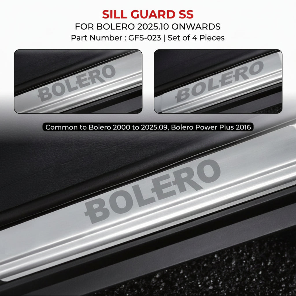 Sill guard for Bolero vehicles with branding and product details.