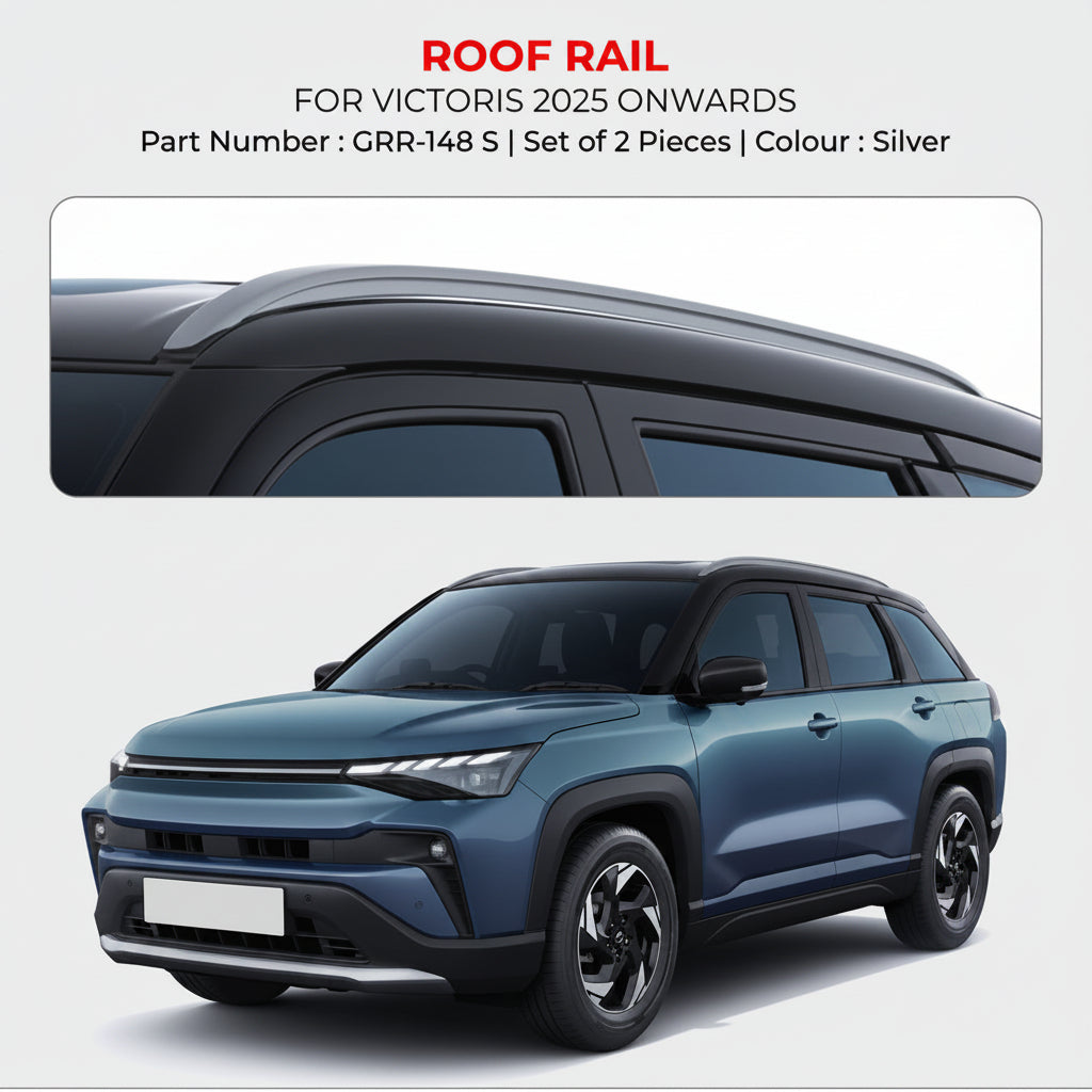 Advertisement for roof rail system for Victoris 2025 onwards with car image and product details.