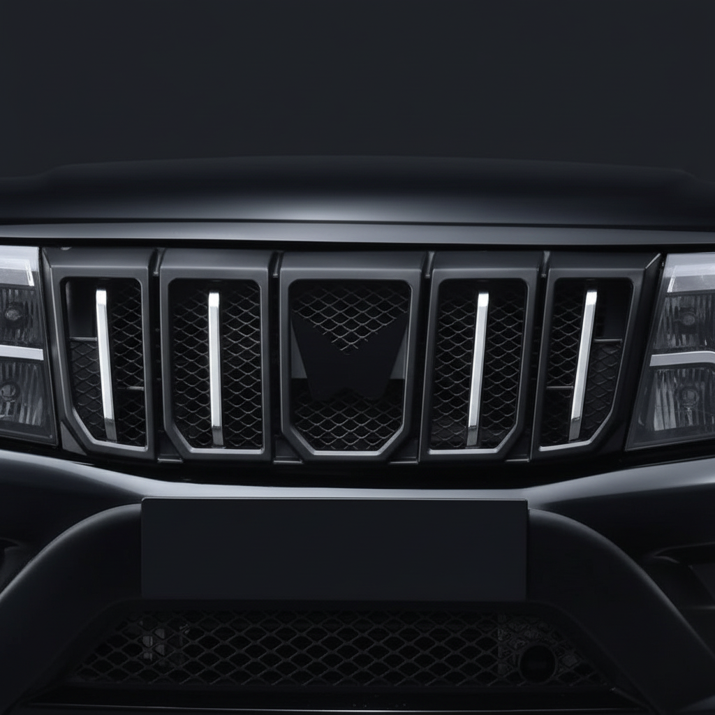 Chrome Grill garnish for bolero displayed on the car grill n a black background