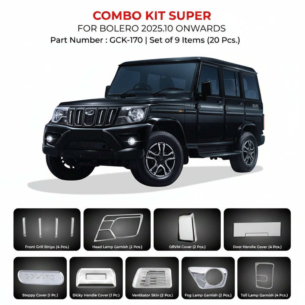 Black SUV Bolero with chrome combo kit parts displayed on a white background