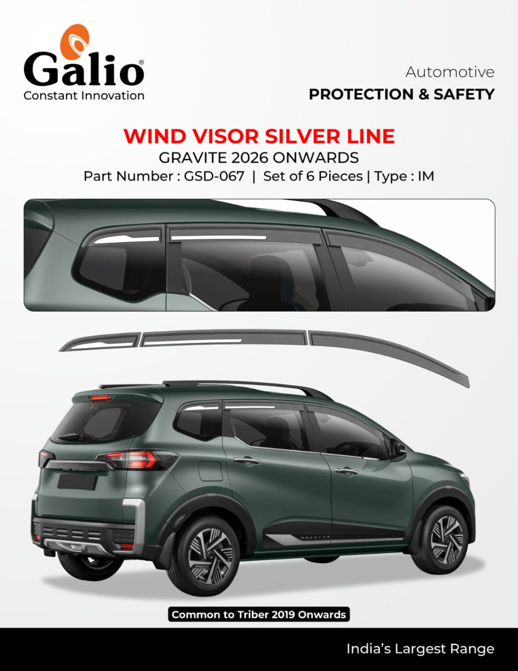 Promotional graphic for Galio Wind Visor Silver Line automotive protection and safety product, showing a dark green SUV with installed window visors and a separate view of the silver visor strip, plus text including 'Gravite 2026 Onwards' and 'Part Number : GSD-067'.