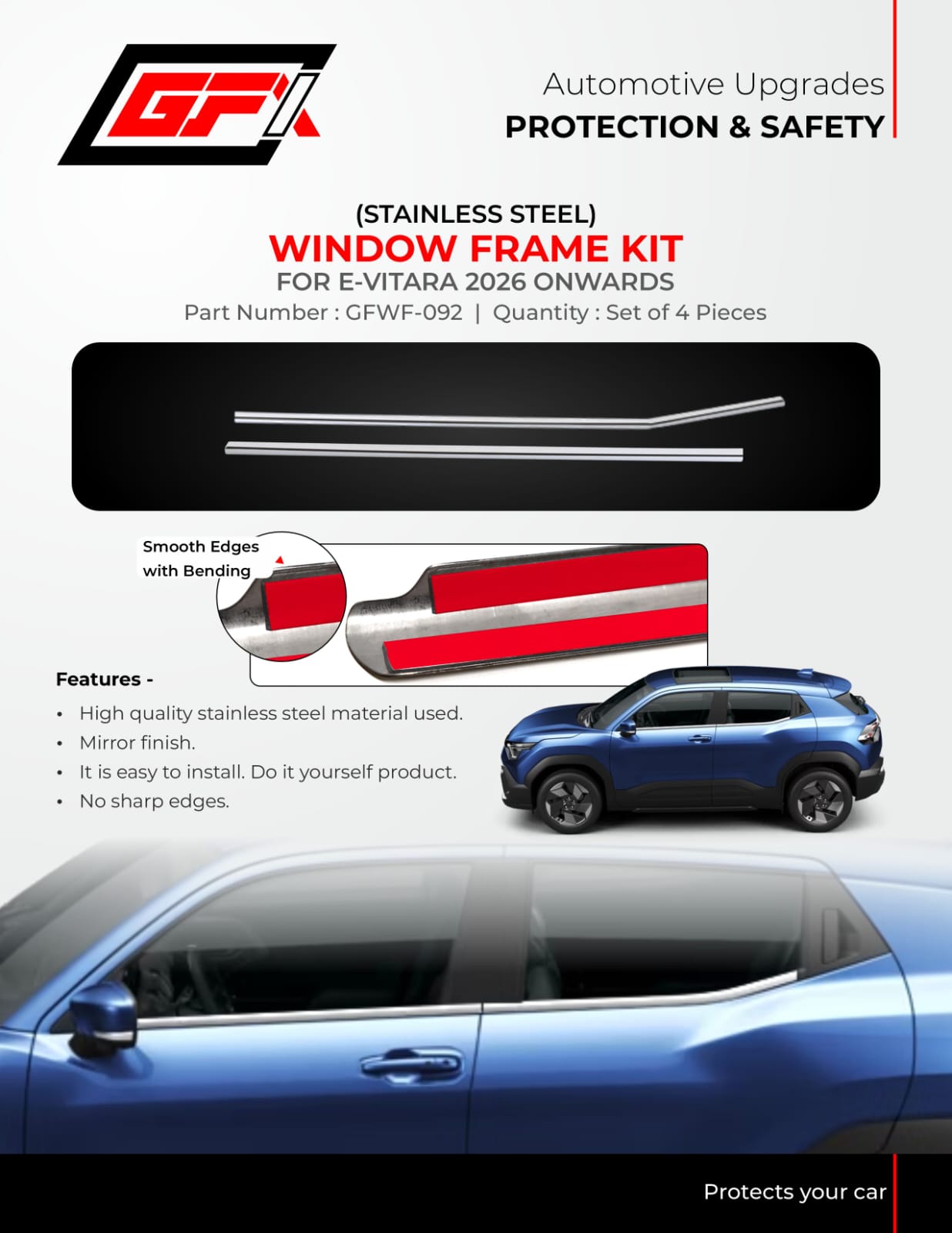 Advertisement for a stainless steel window frame kit for a car, featuring the GF7 logo and product details.