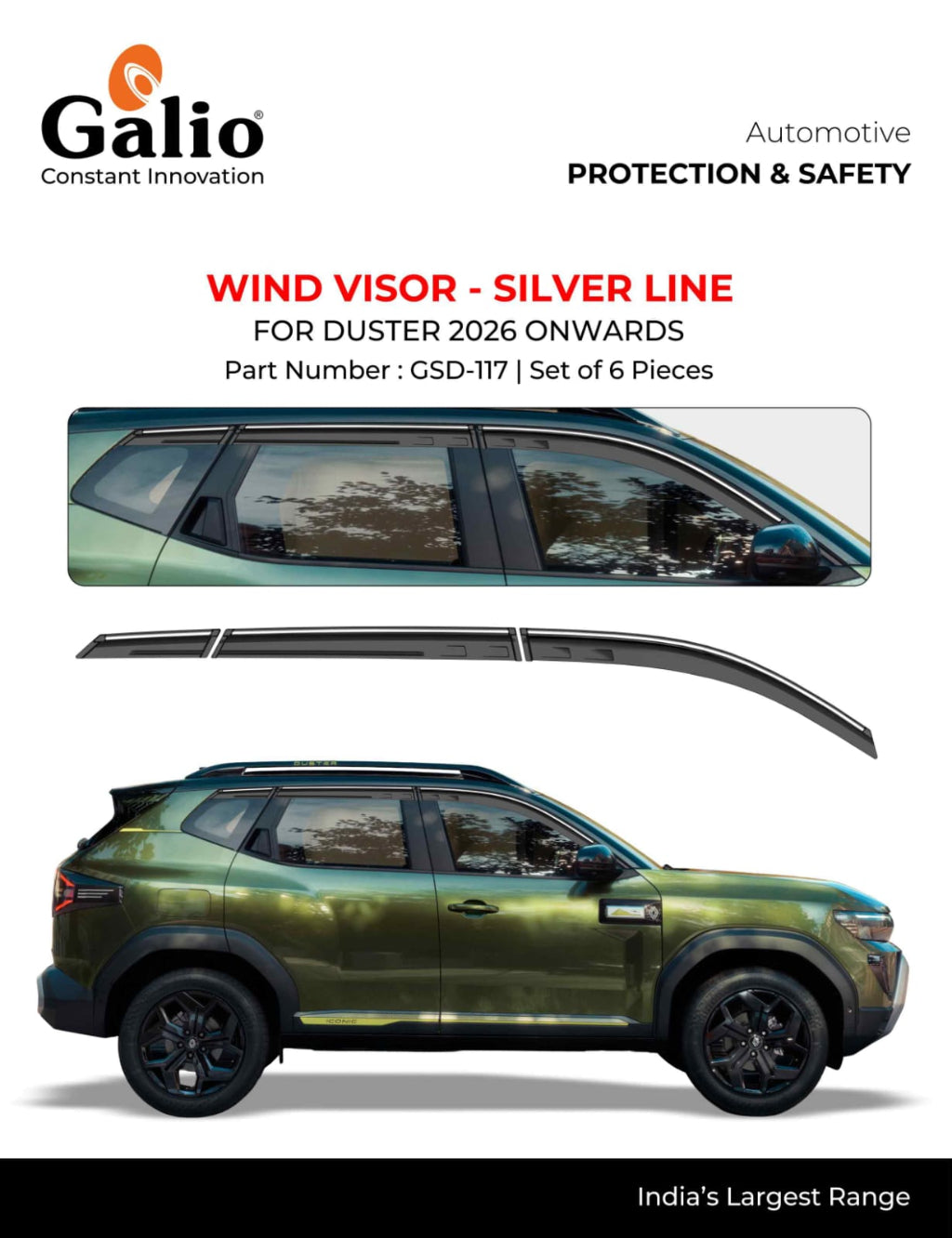 Galio automotive wind visor accessory in silver line, shown with a car window inset, a standalone curved visor piece, and a side view of an SUV on a white background.