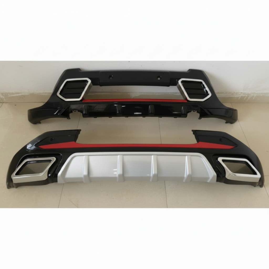 Two car bumper covers with red accents on a tiled floor.