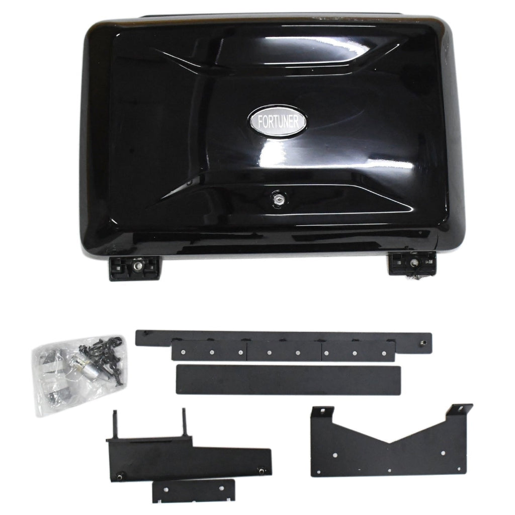 Black metal toolbox with mounting hardware on a white background
