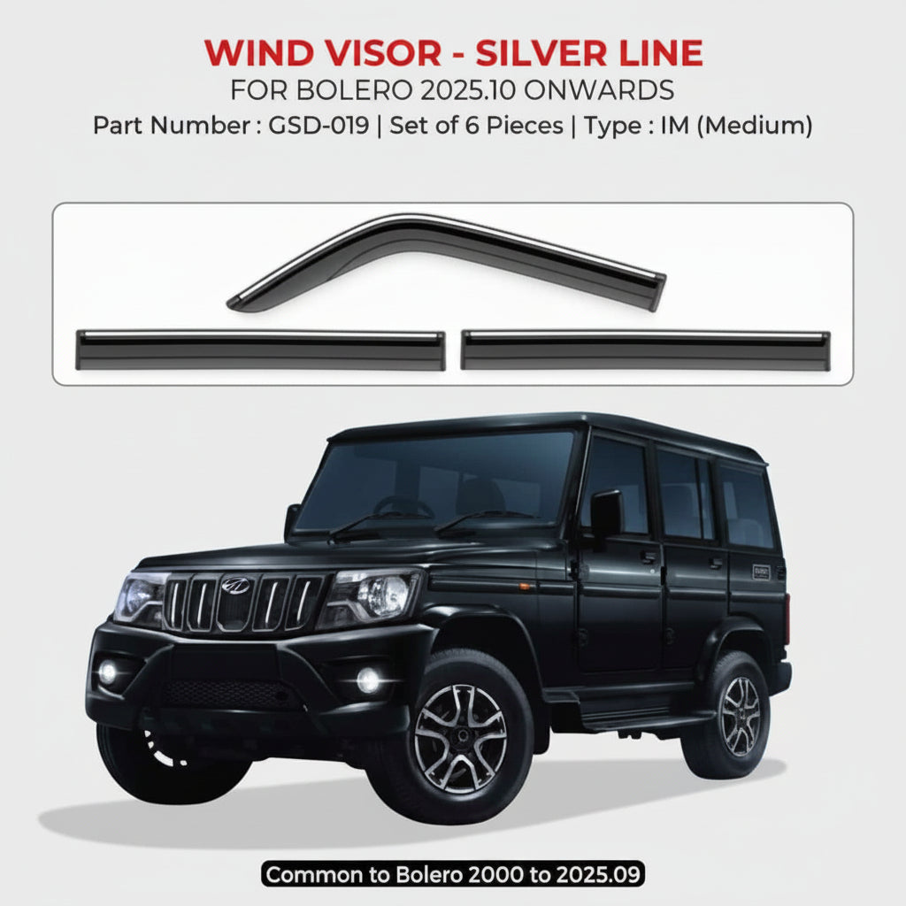 Chromeline wind visor set for Mahindra Bolero with vehicle image on a light grey background