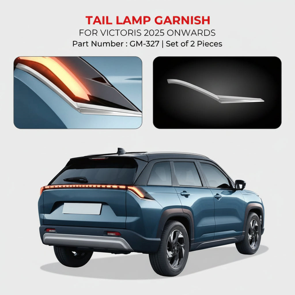 Tail lamp garnish for a vehicle with product details on a white background