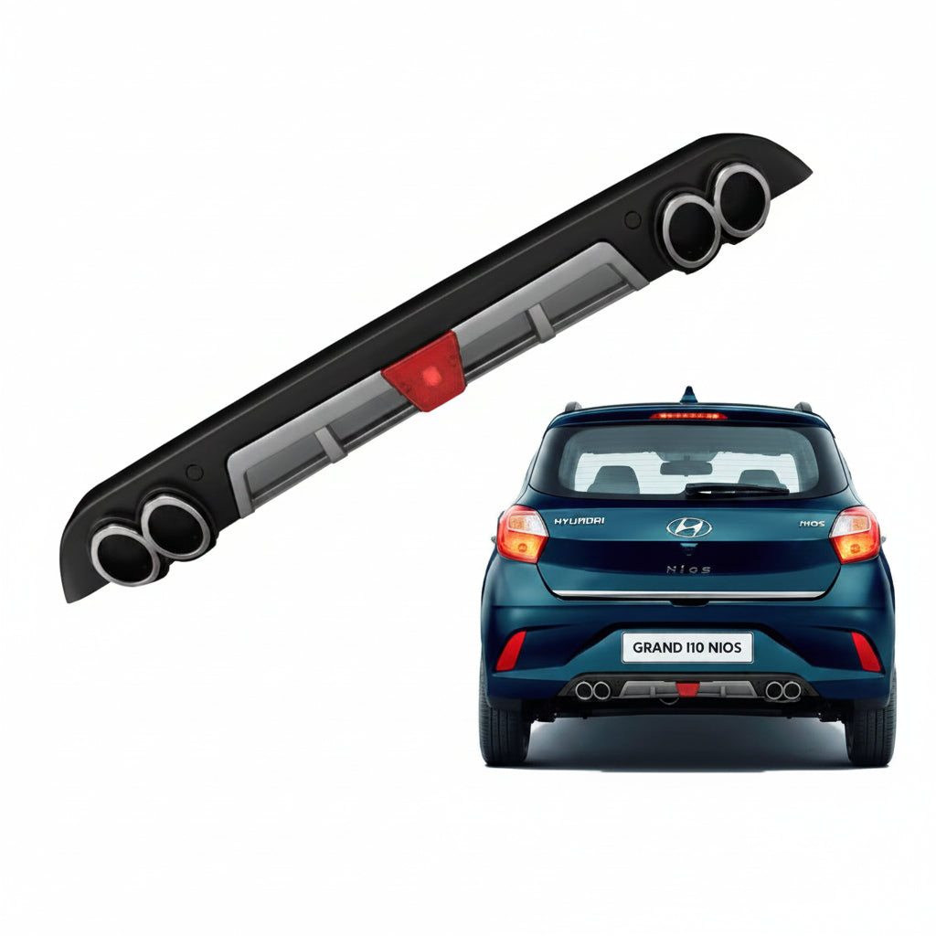 Car exhaust system on a white background with a blue car for scale