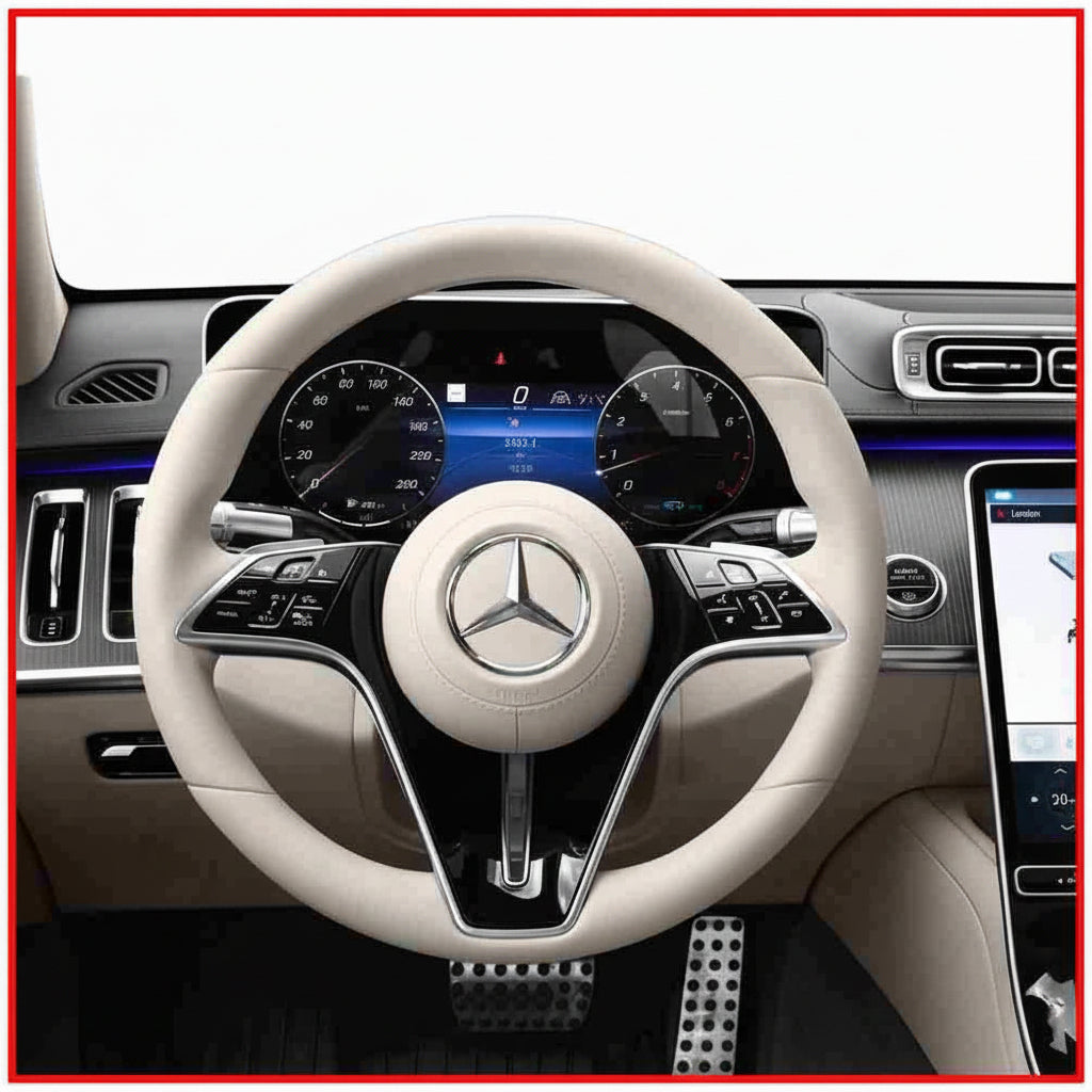 Car steering wheel with Mercedes-Benz logo in a vehicle interior