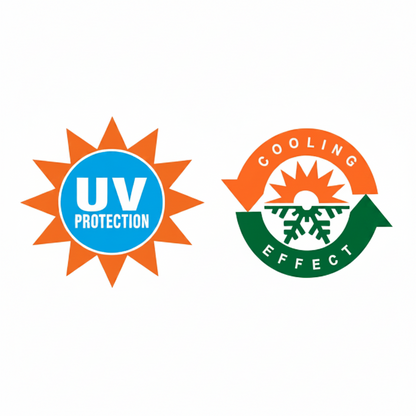 Two logos for UV protection and cooling effect on a white background