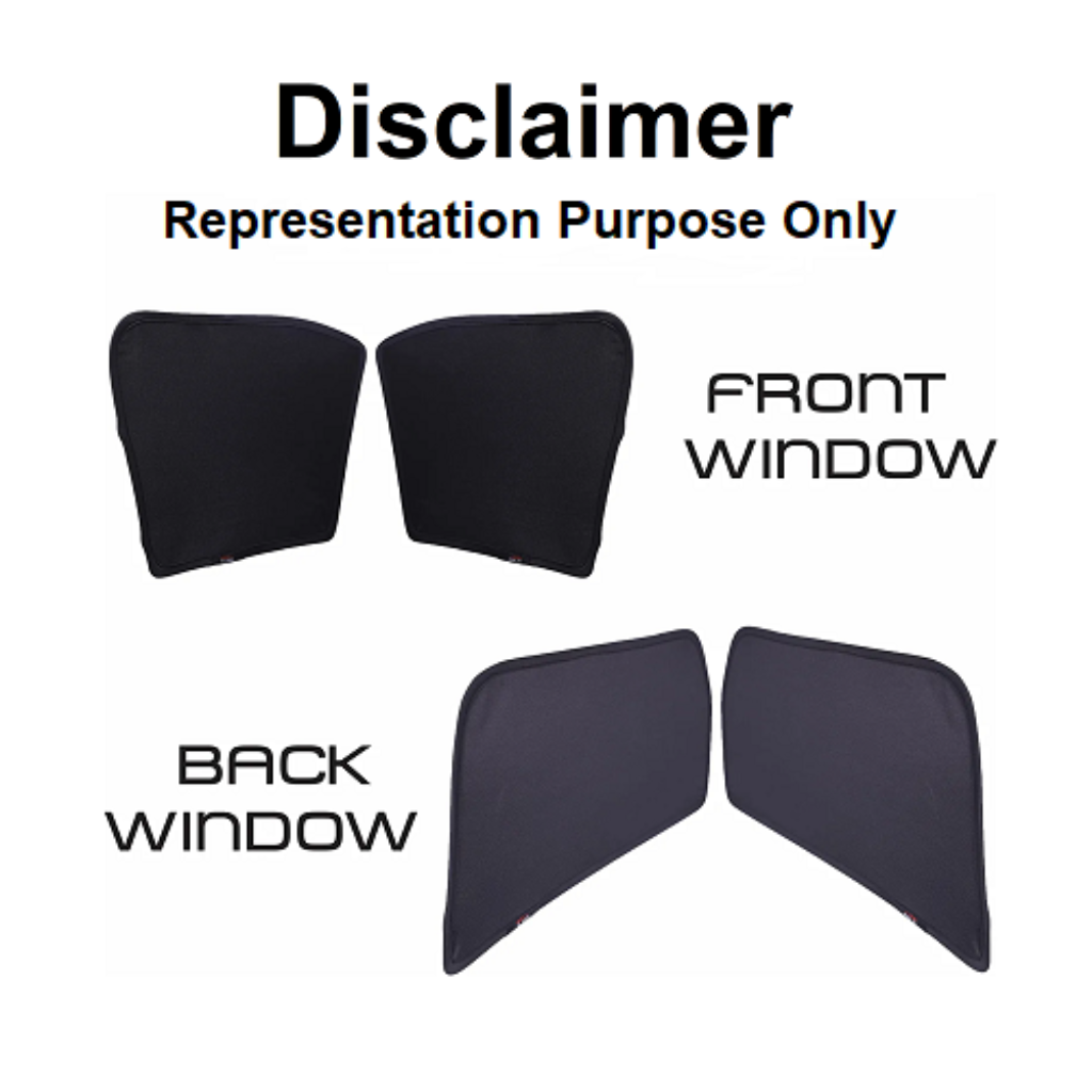 Car window sunshades labeled 'Front Window' and 'Back Window' with a disclaimer on a white background.