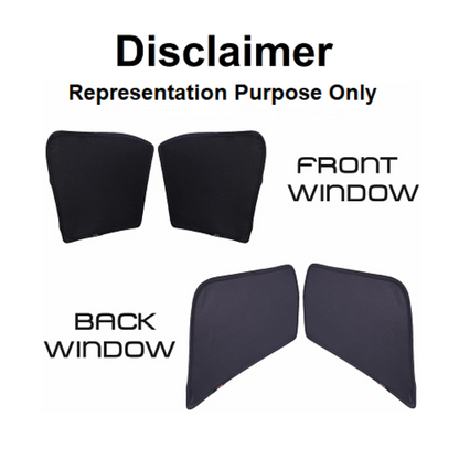 Car window sunshades labeled 'Front Window' and 'Back Window' with a disclaimer on a white background.