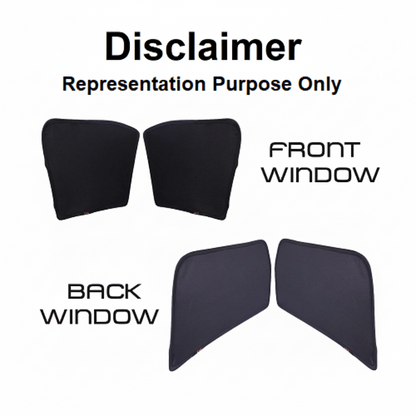 Car window sunshades labeled 'Front Window' and 'Back Window' with a disclaimer on a white background.