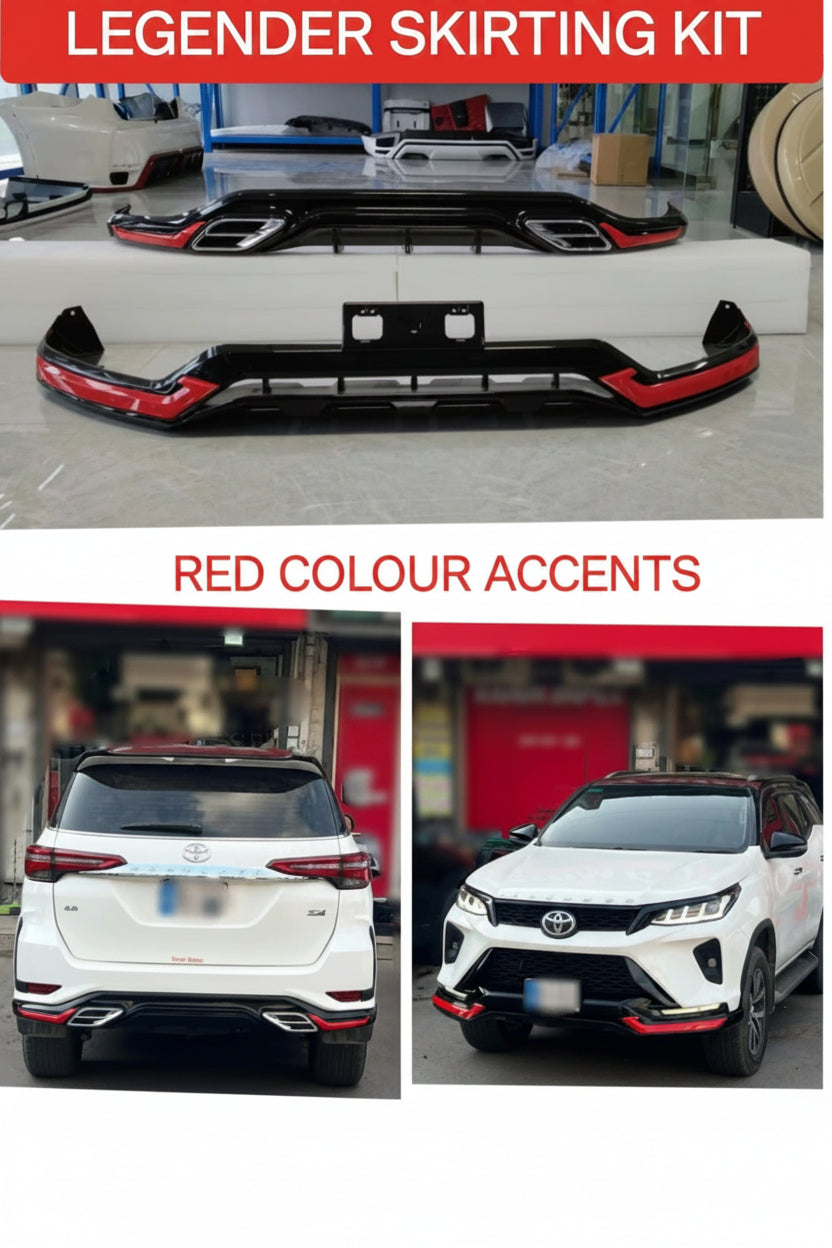 Car skirting kit with red accents on a car, shown from different angles.