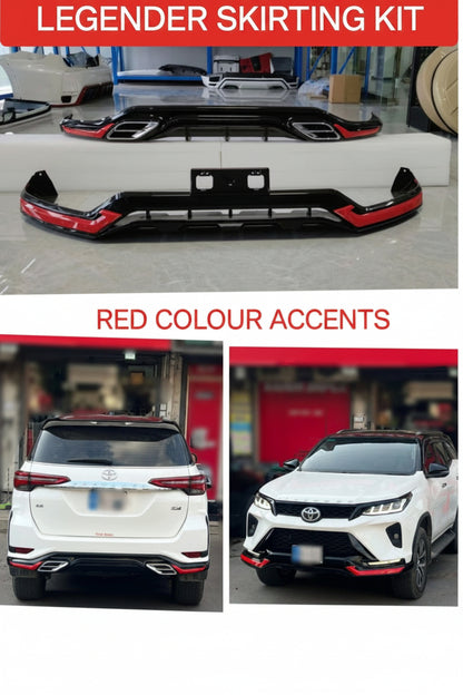 Car skirting kit with red accents on a car, shown from different angles.