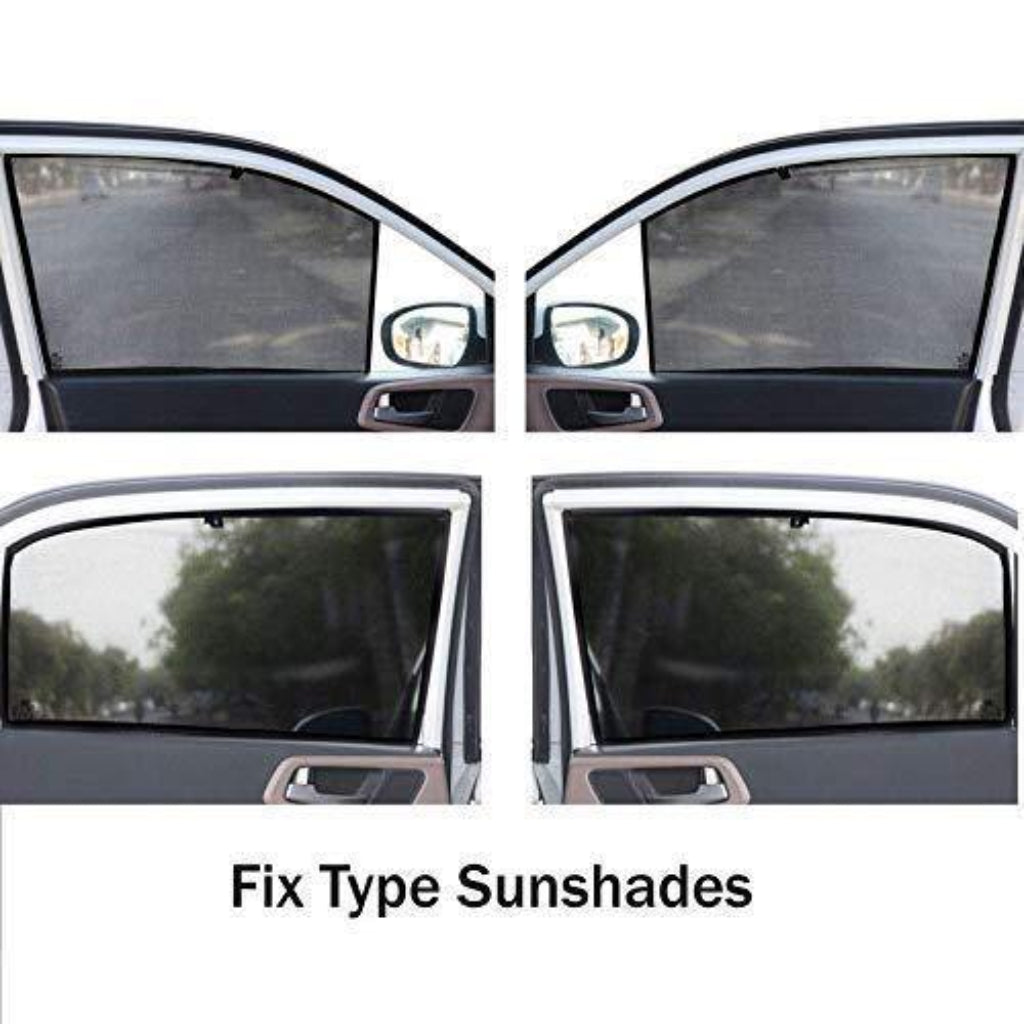 Car sunshades on a vehicle with text 'Fix Type Sunshades' at the bottom.