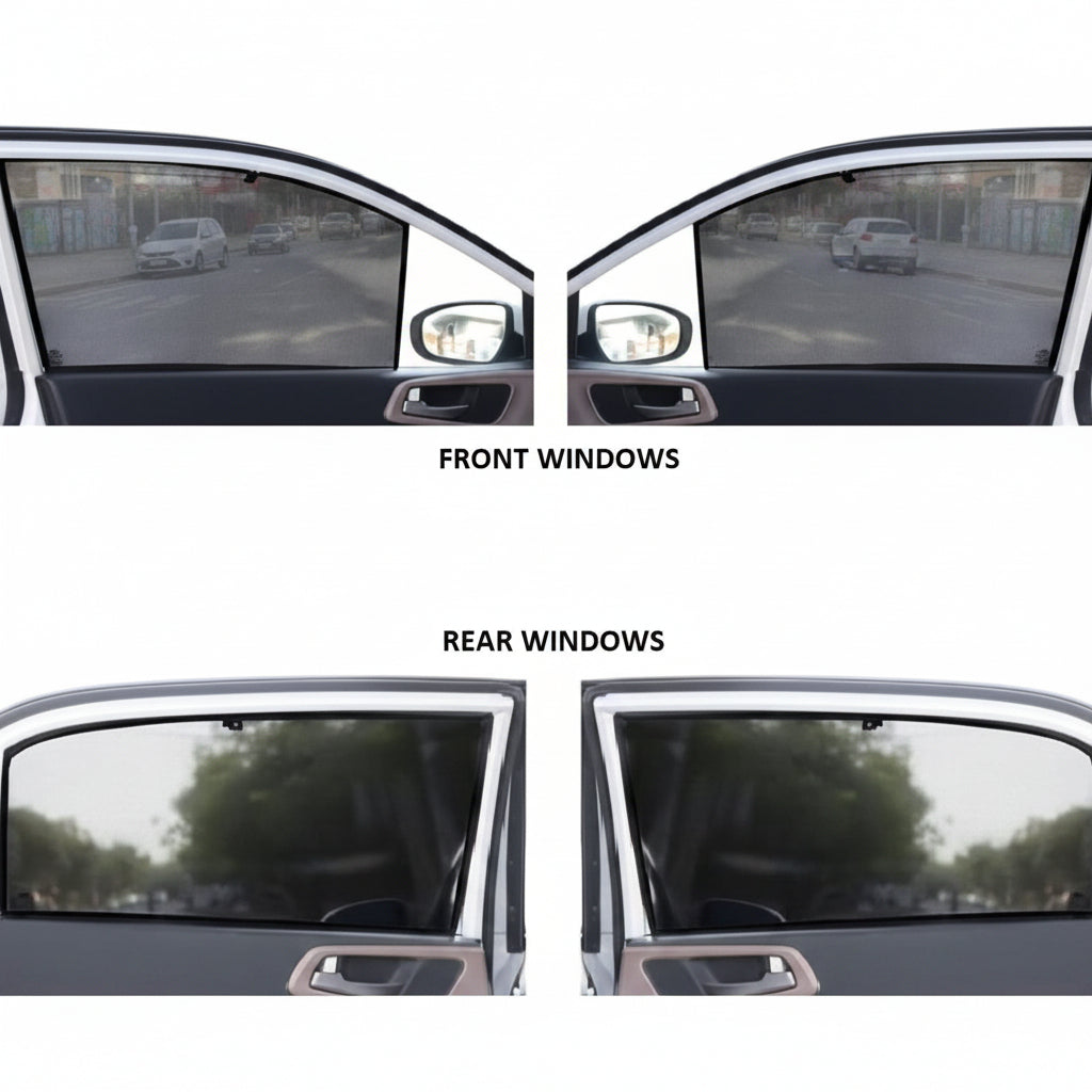Comparison of front and rear car windows' sunshades on a white background