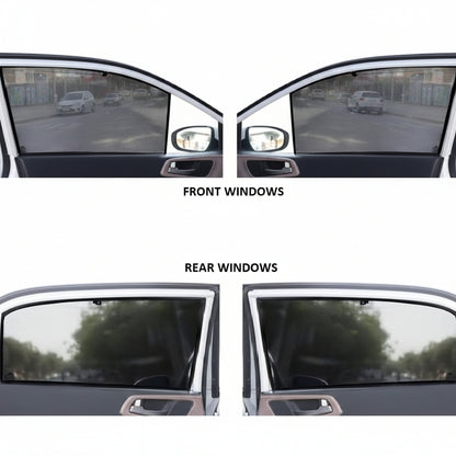 Comparison of front and rear car windows' sunshades on a white background