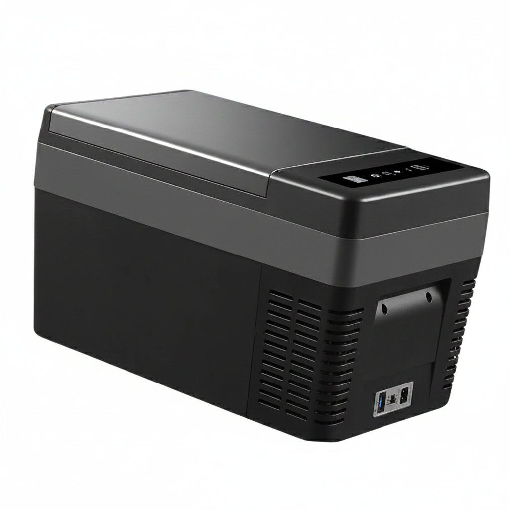 Black portable refrigerator on a white background