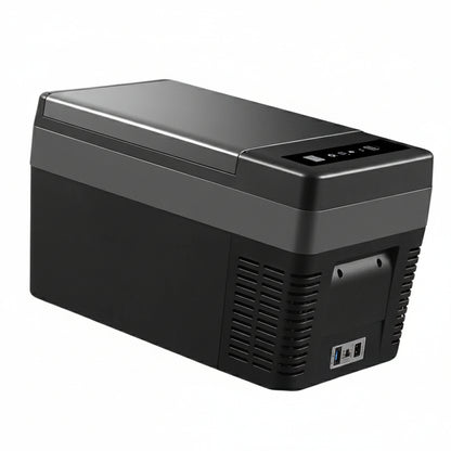 Black portable refrigerator on a white background