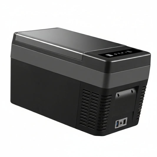 Black portable refrigerator on a white background