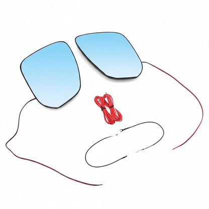 Two blue triangular lenses with a red cable on a white background