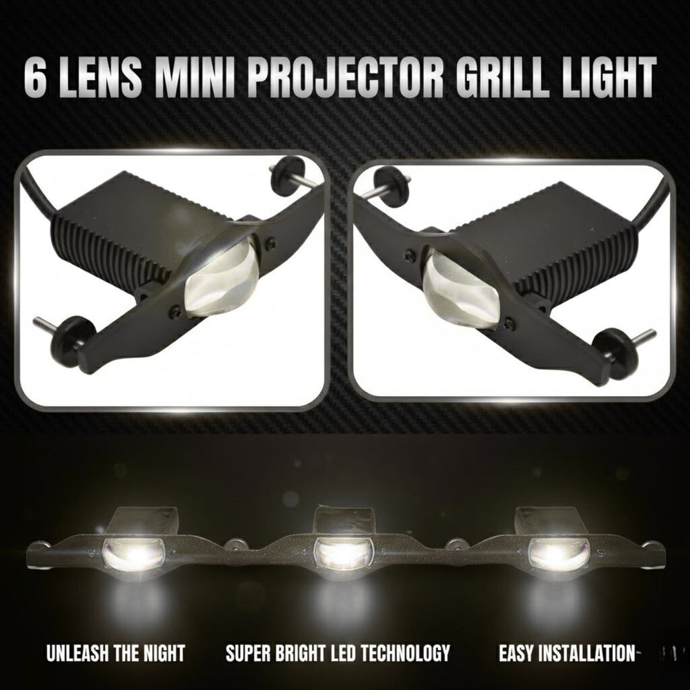 6 lens mini projector grill light with text on a dark background