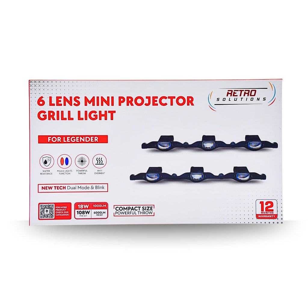 Box of 6 lens mini projector grill light with branding on a white background