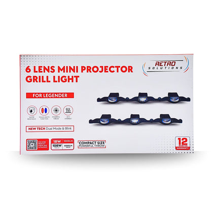 Box of 6 lens mini projector grill light with branding on a white background