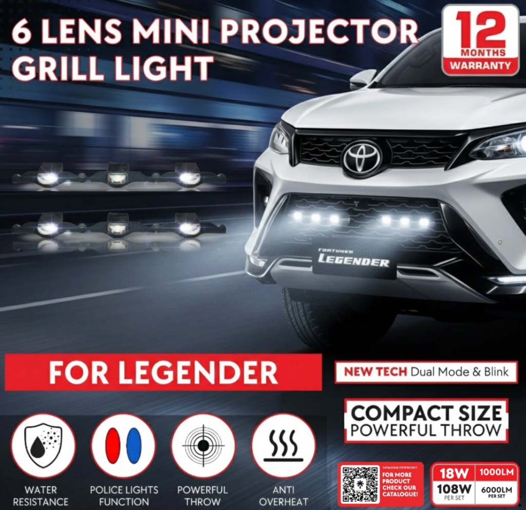 Advertisement for a 6 lens mini projector grill light with a Toyota vehicle on a dark background.