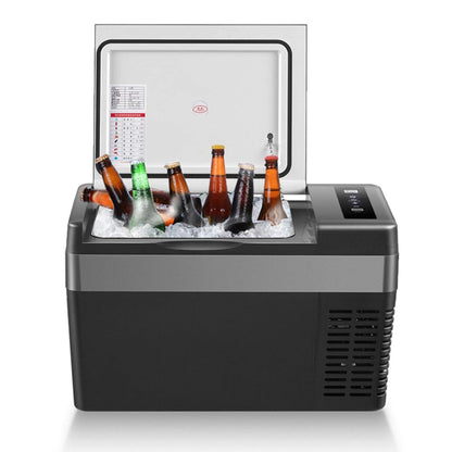 Portable refrigerator with bottles inside on a white background