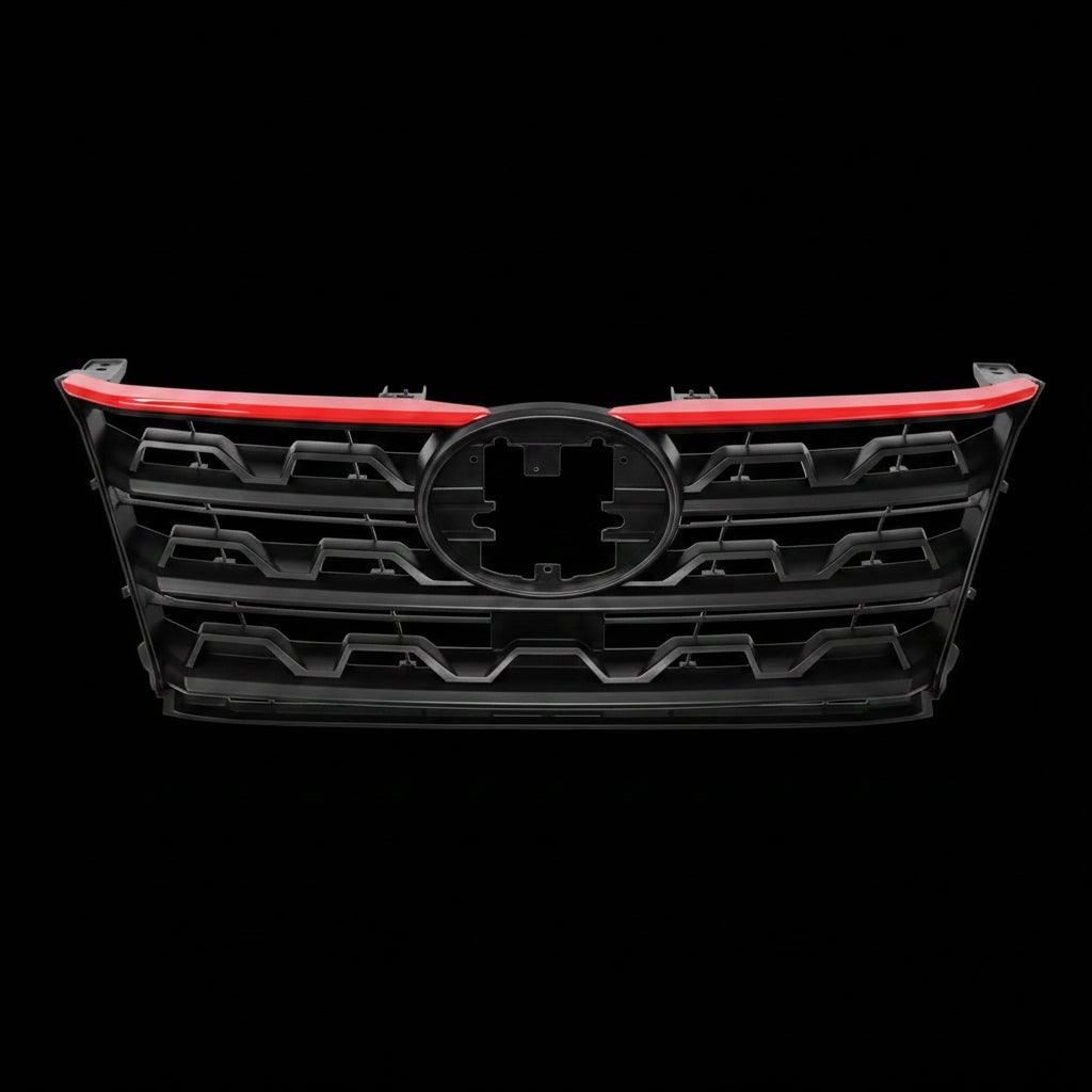 Car grille with black and red design on a white background