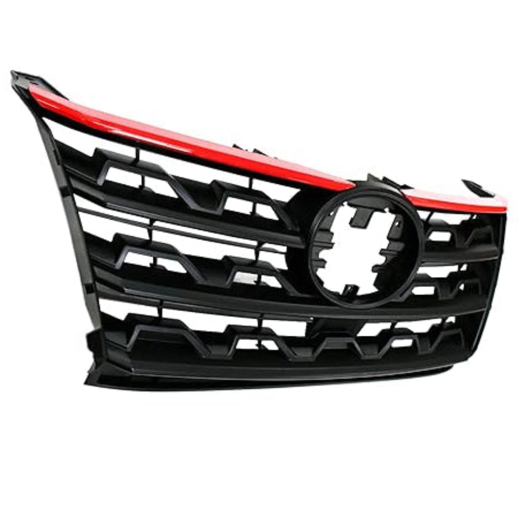 Car grille with black and red design on a white background