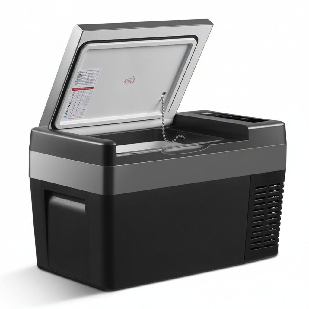 Portable refrigerator with open door on a white background
