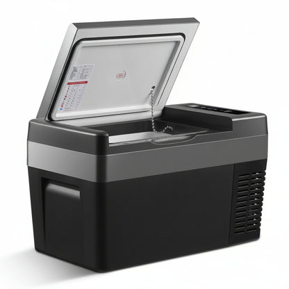 Portable refrigerator with open door on a white background